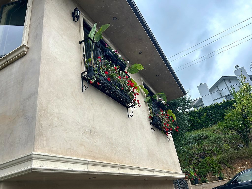 Black iron window guards with flower boxes on a stucco home